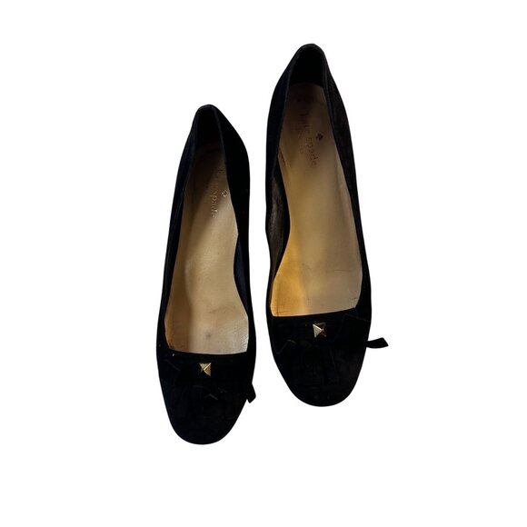 Kate Spade Fringe Block Heel Pumps Old Money Classic Black Suede Shoes 8.5 M - Picture 3 of 6